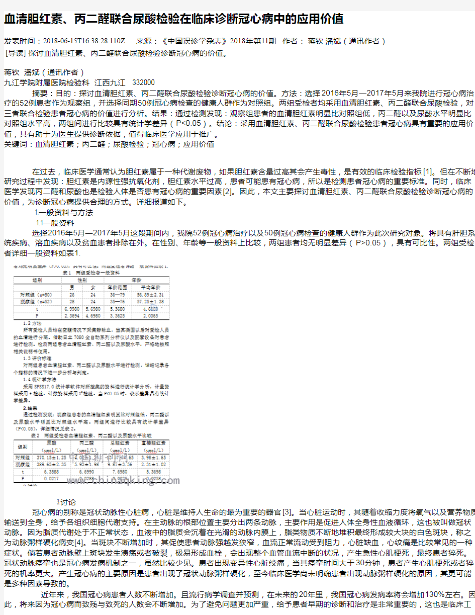 血清胆红素、丙二醛联合尿酸检验在临床诊断冠心病中的应用价值