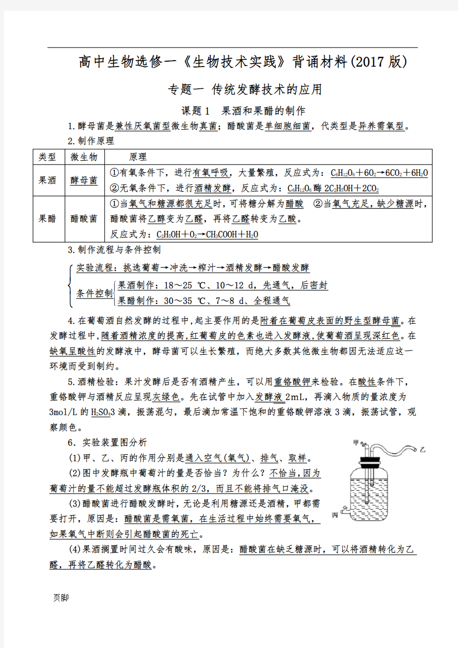 高中生物选修一《生物技术实践》背诵材料(2017版)