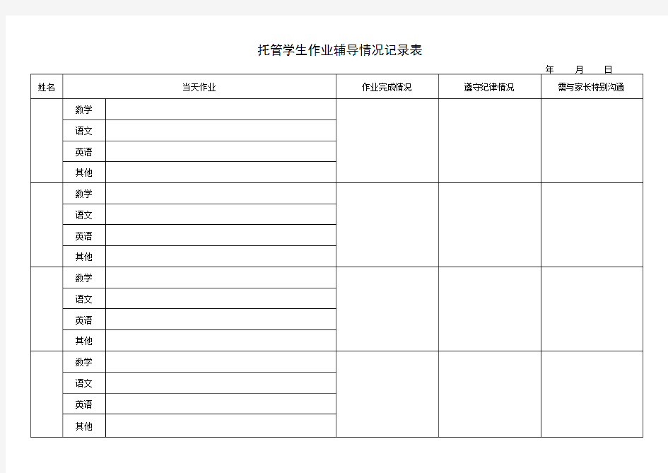 托管学生作业辅导情况记录表