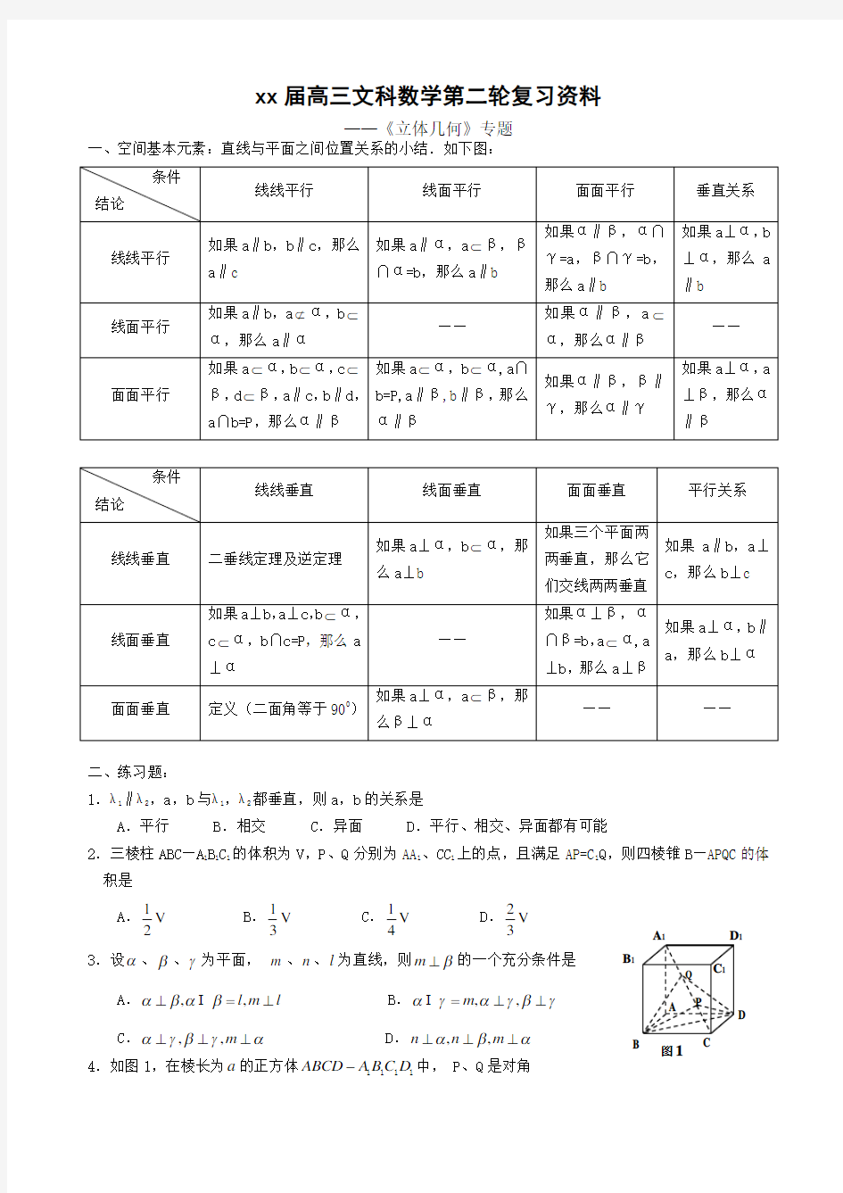 高三文科数学立体几何专题