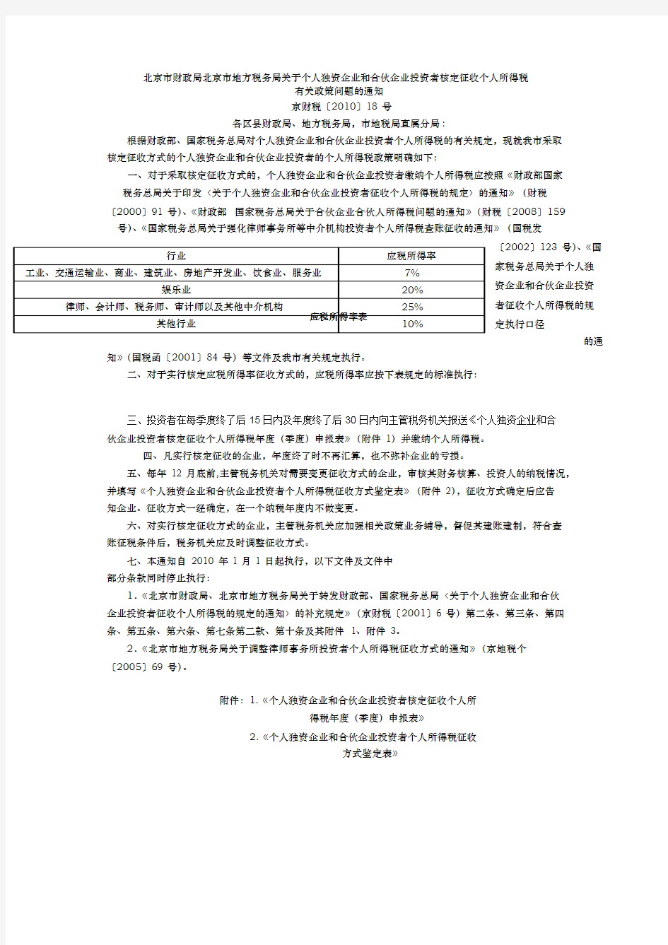 北京市财政局北京市地方税务局关于个人独资企业和合伙企业投资者核定征收个人所得税