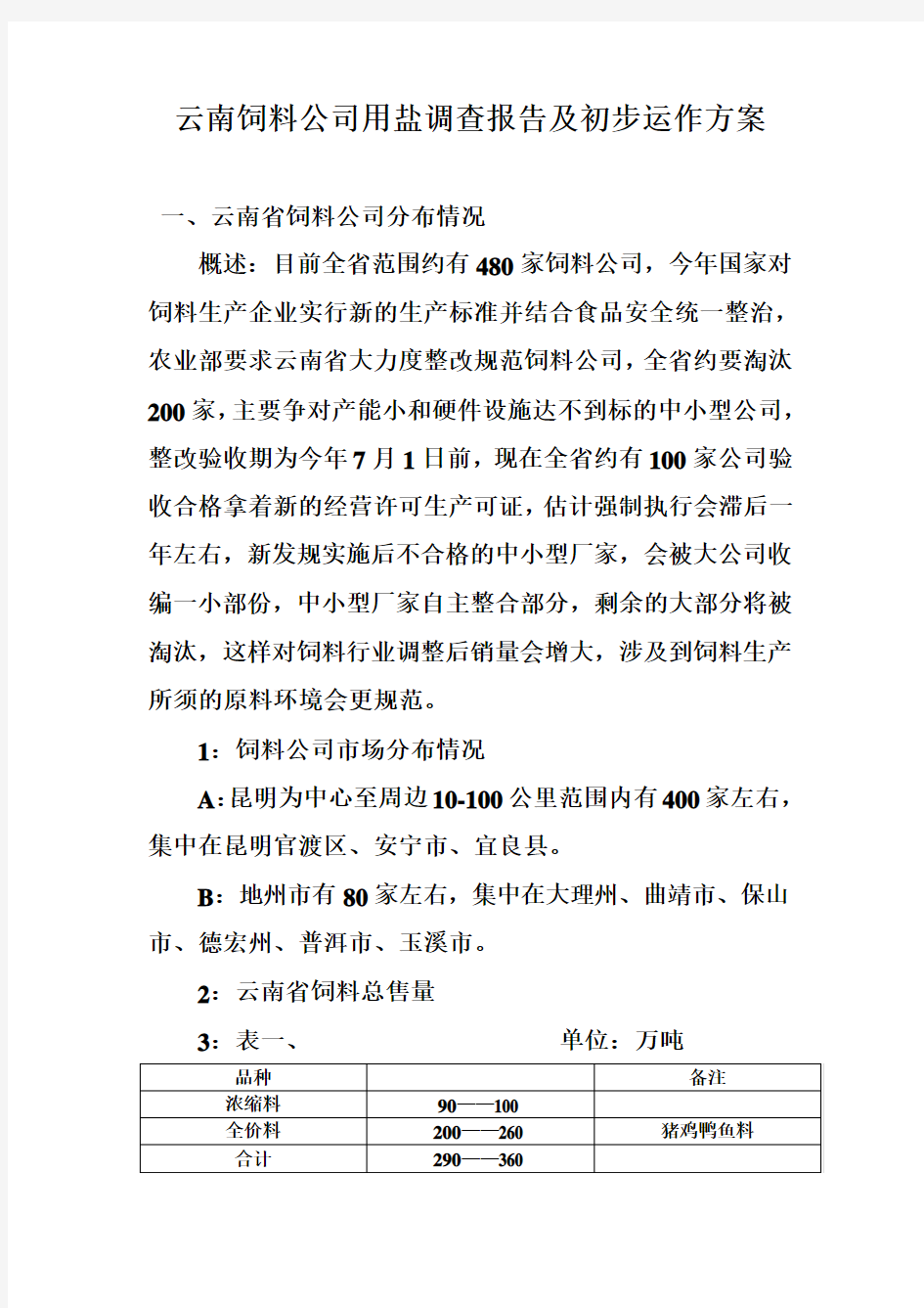 云南省饲料公司用盐调查报告及初步动作方案