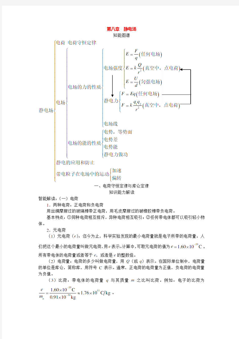 高中物理一轮复习知识点汇总：第八章静电场