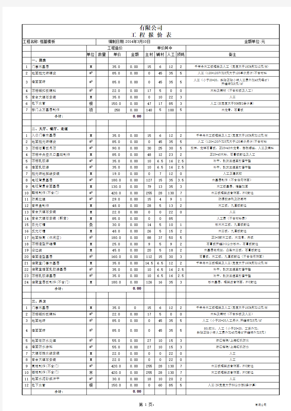 装修公司的内部预算模板