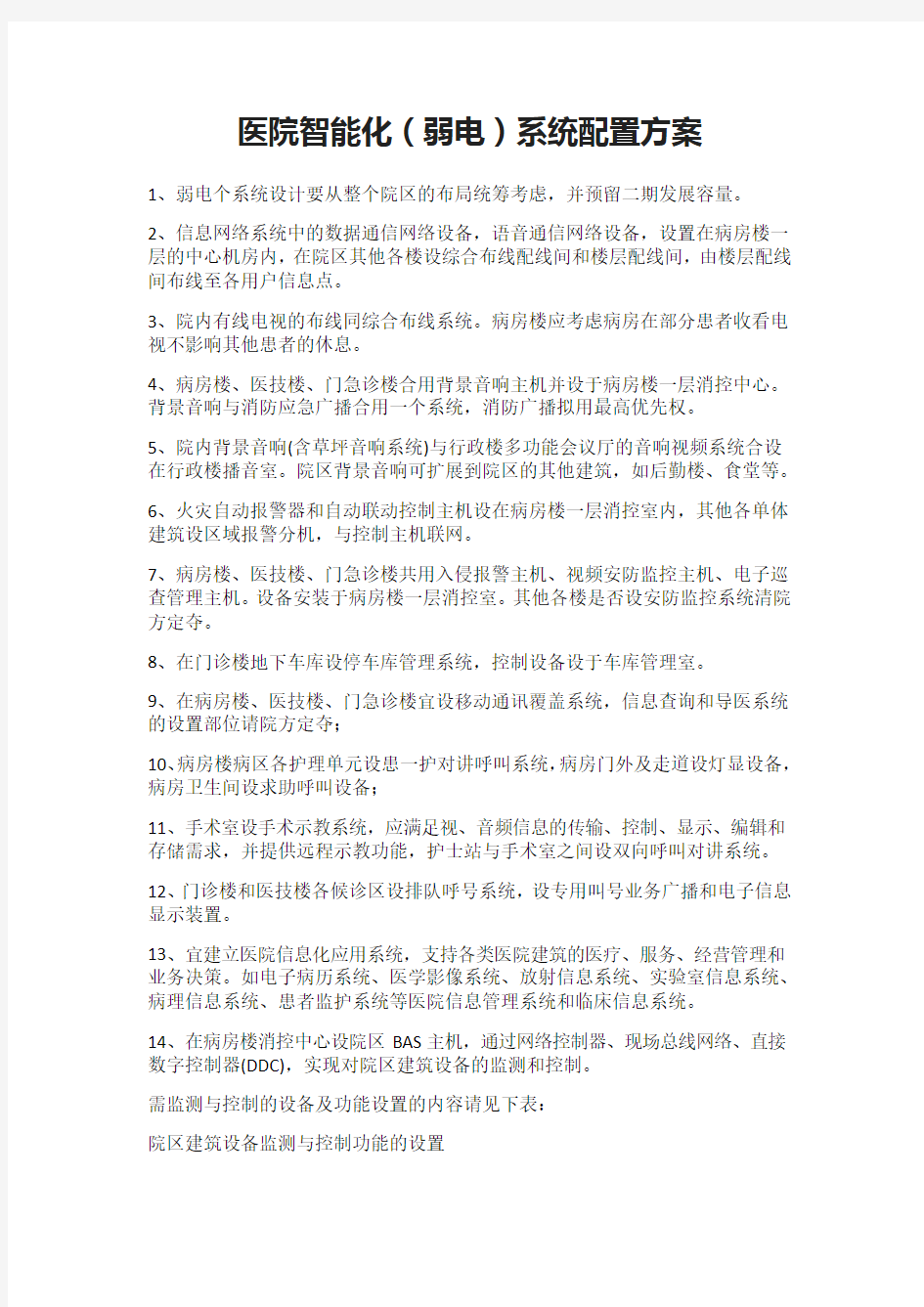 医院智能化(弱电)系统配置方案