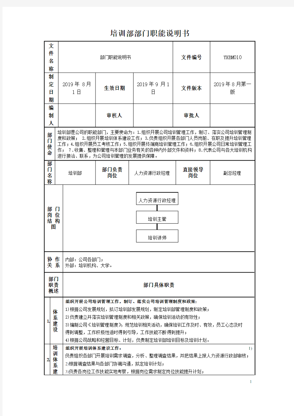 培训部职能说明书