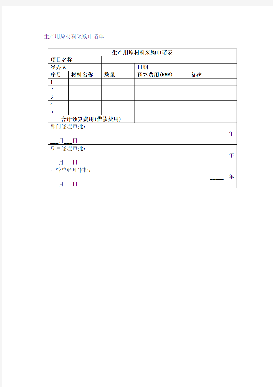 生产用原材料采购申请单