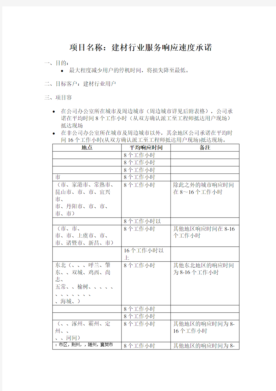 售后服务响应承诺表格