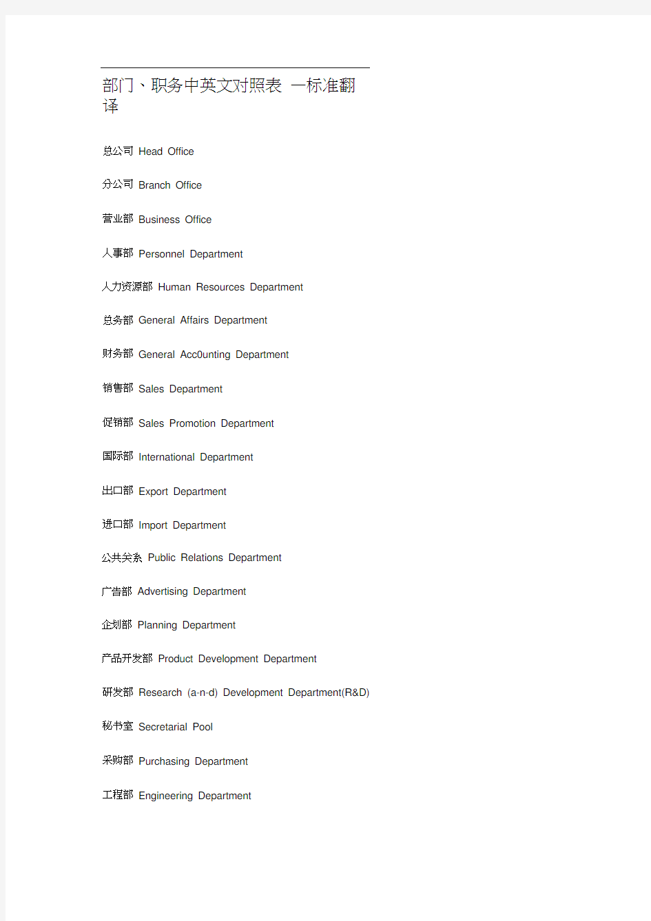 部门、职务中英文对照表—标准翻译