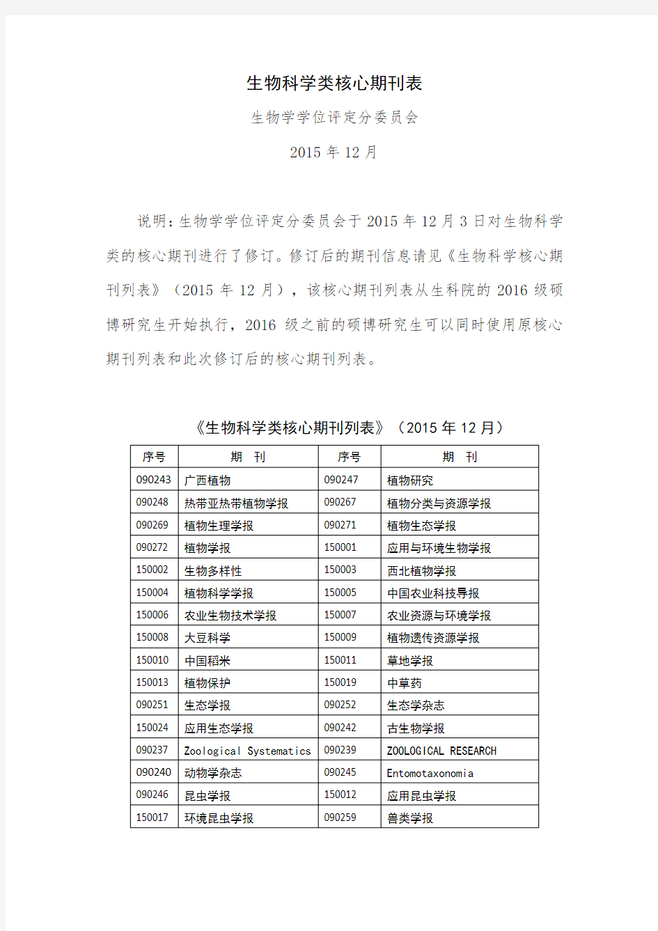 生物科学类核心期刊表