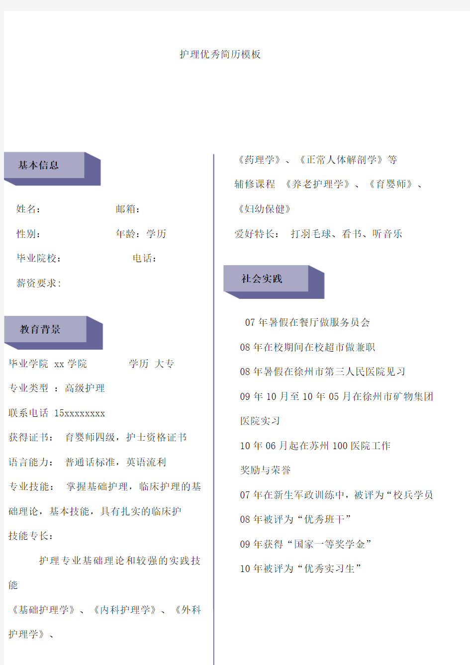 医药护理专用优秀简历模板