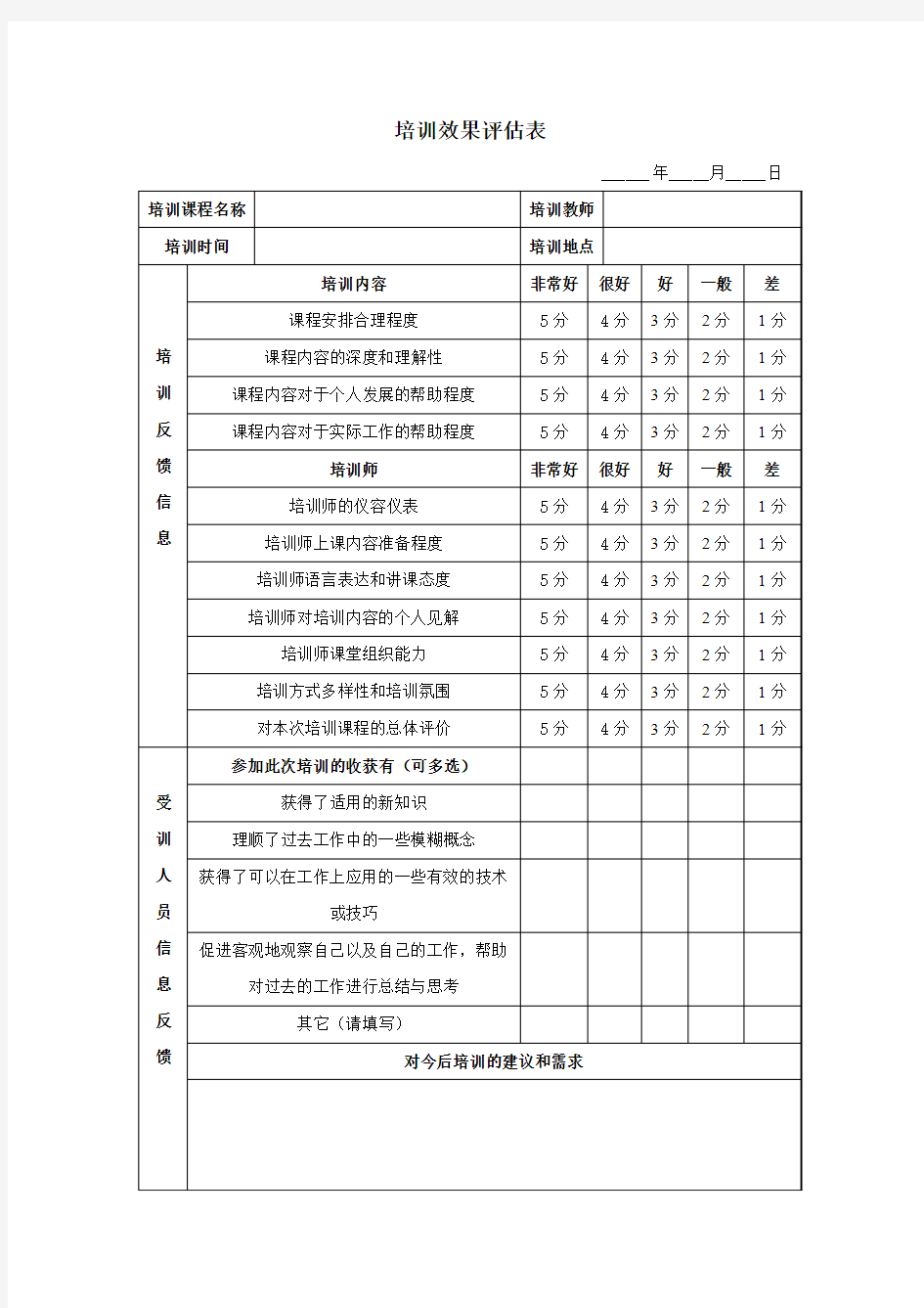 培训效果评价表