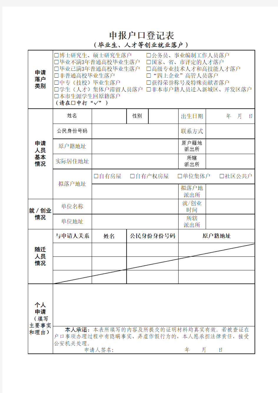 武汉落户表格(2017年-新版)