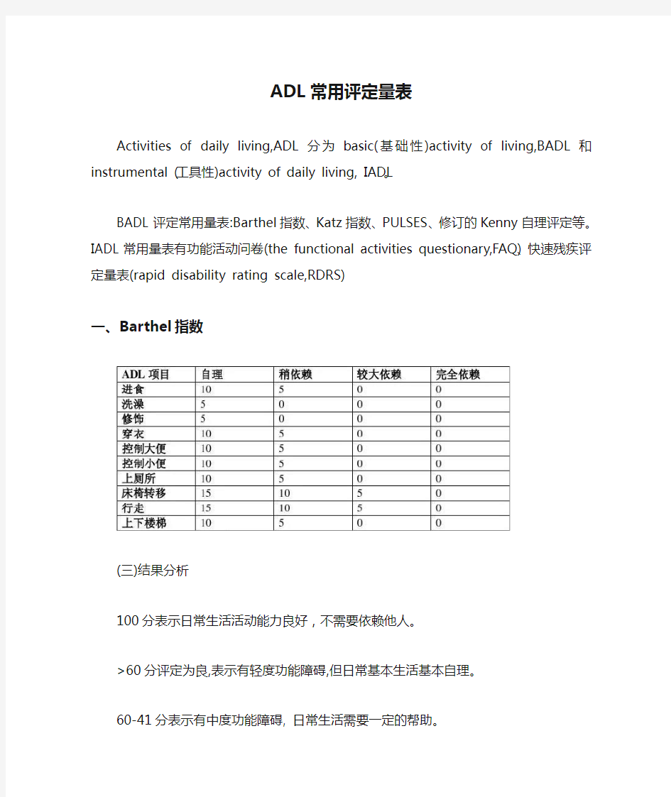 ADL常用评定量表【最新版】