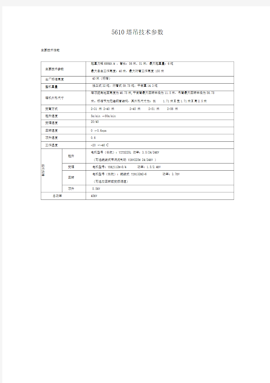 5610塔吊技术参数