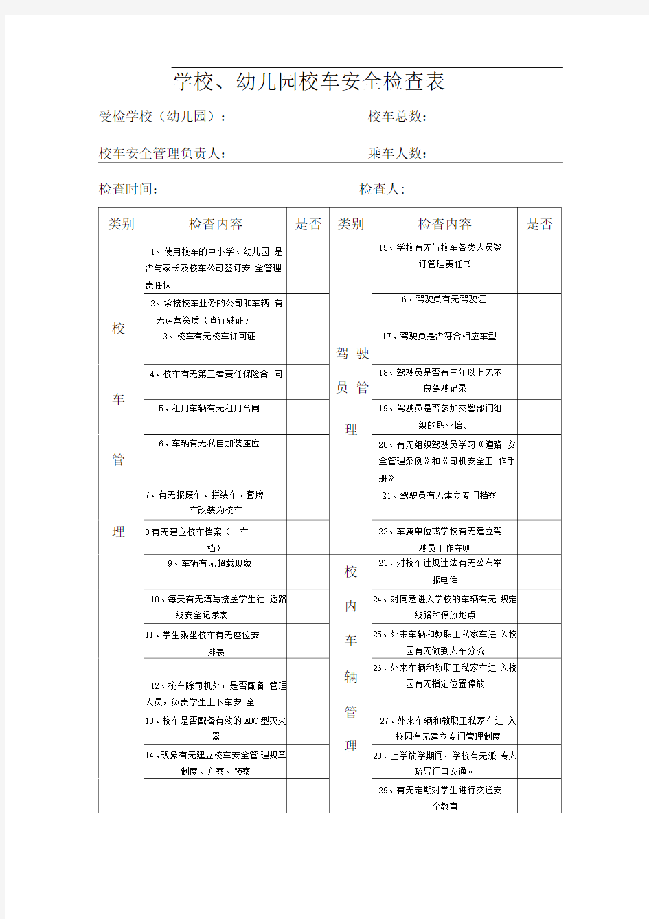 学校校车安全检查表精选范文