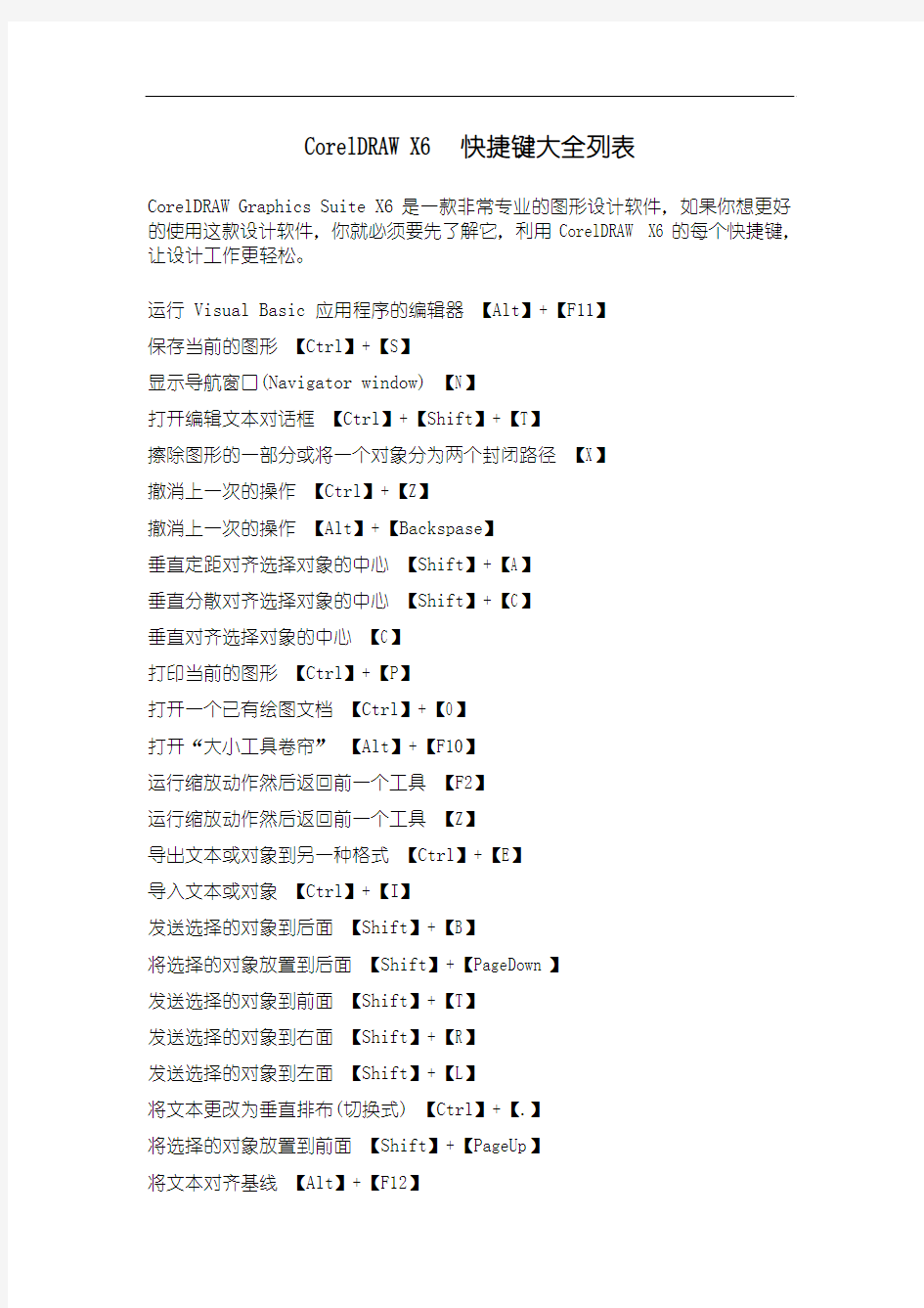 CorelDRAW X6 快捷键使用详细列表