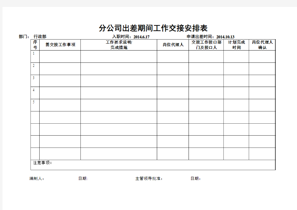 员工出差工作安排交接表