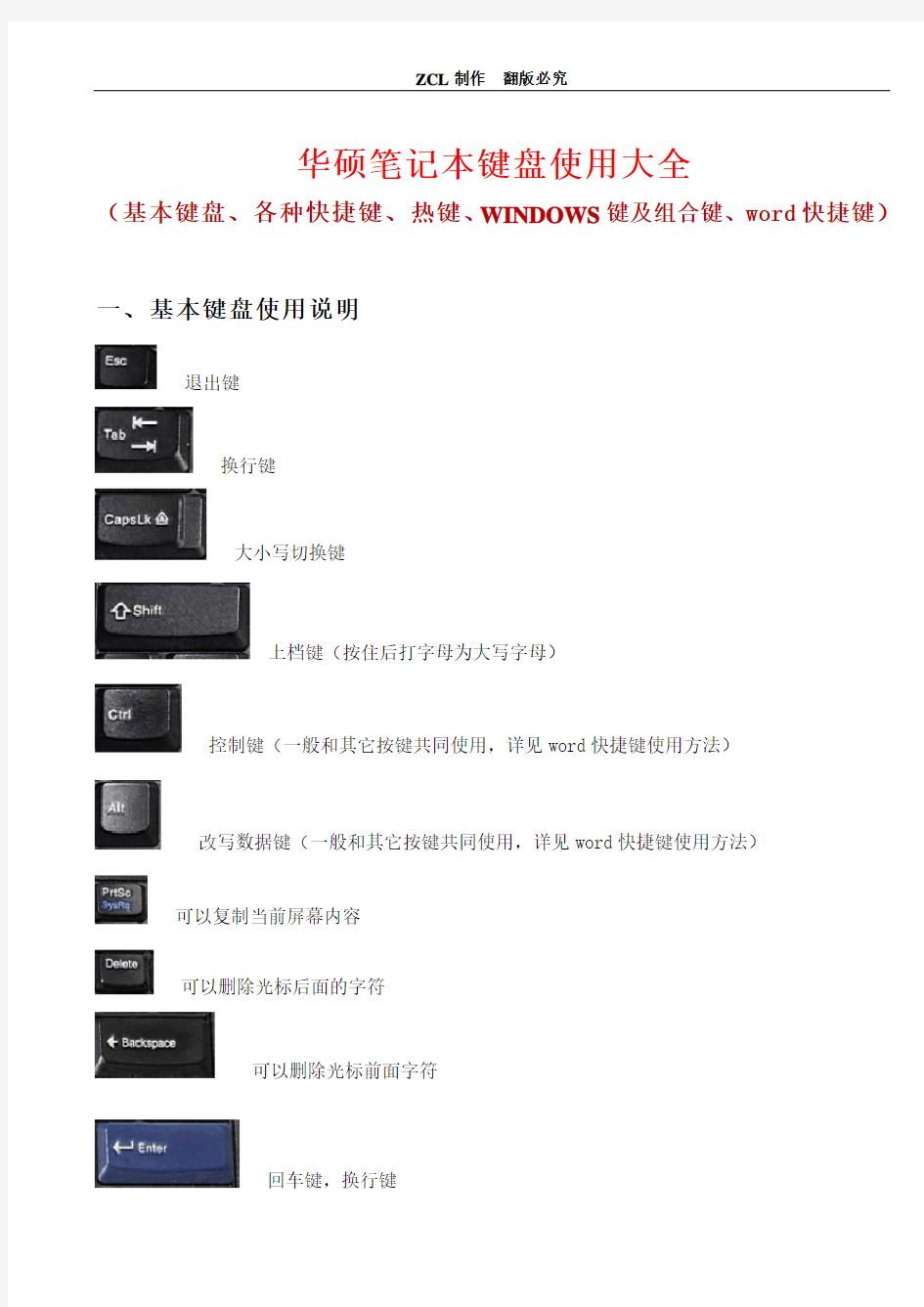 华硕笔记本键盘使用大全(基本键、各种快捷键、热键、WINDOWS键及组合键、word快捷键)