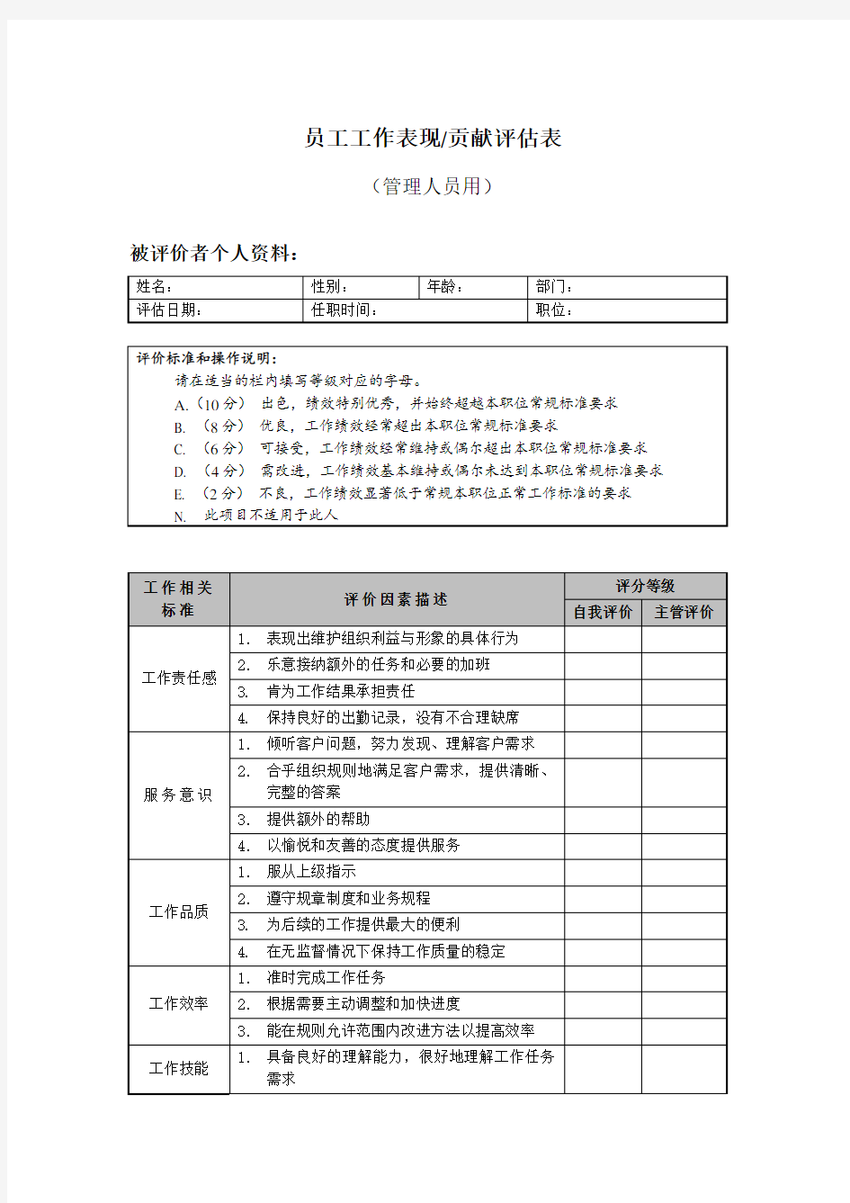 员工工作表现评估表(管理人员用)