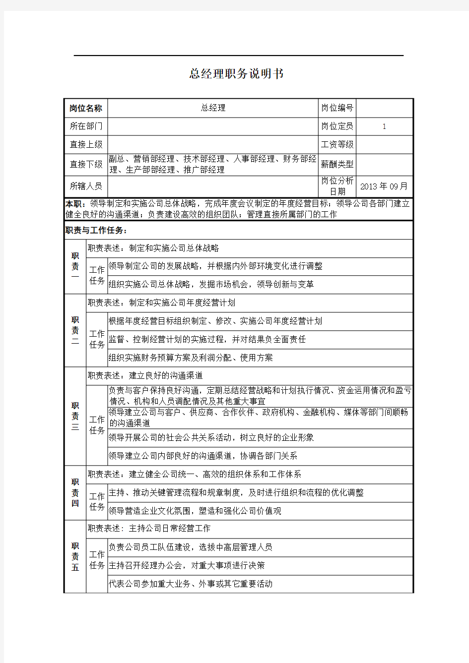 最新总经理职务说明书模版