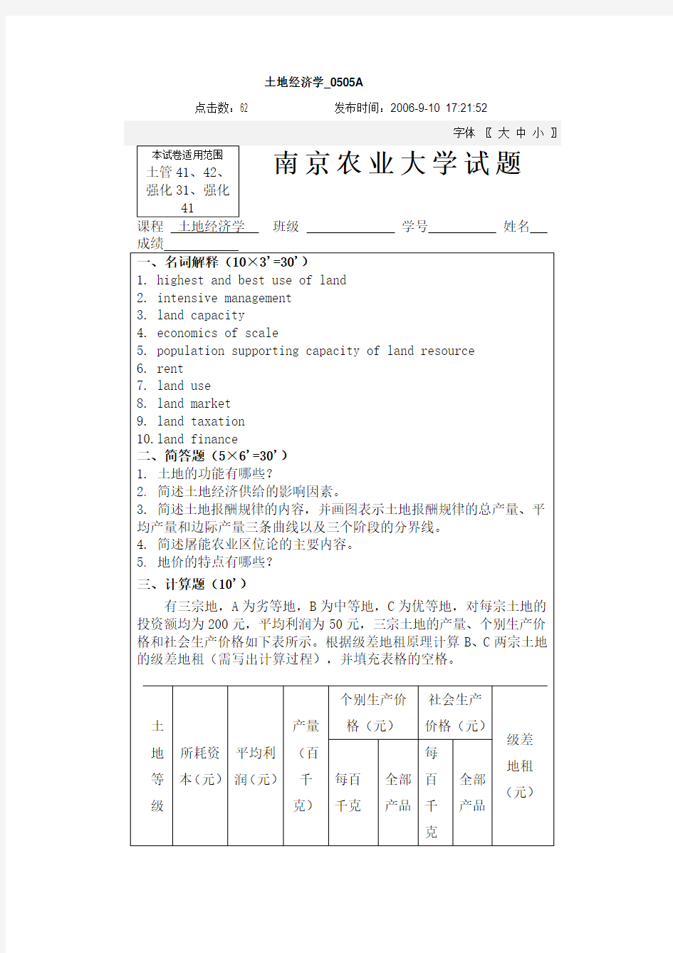 南京农业大学 土地经济学试卷