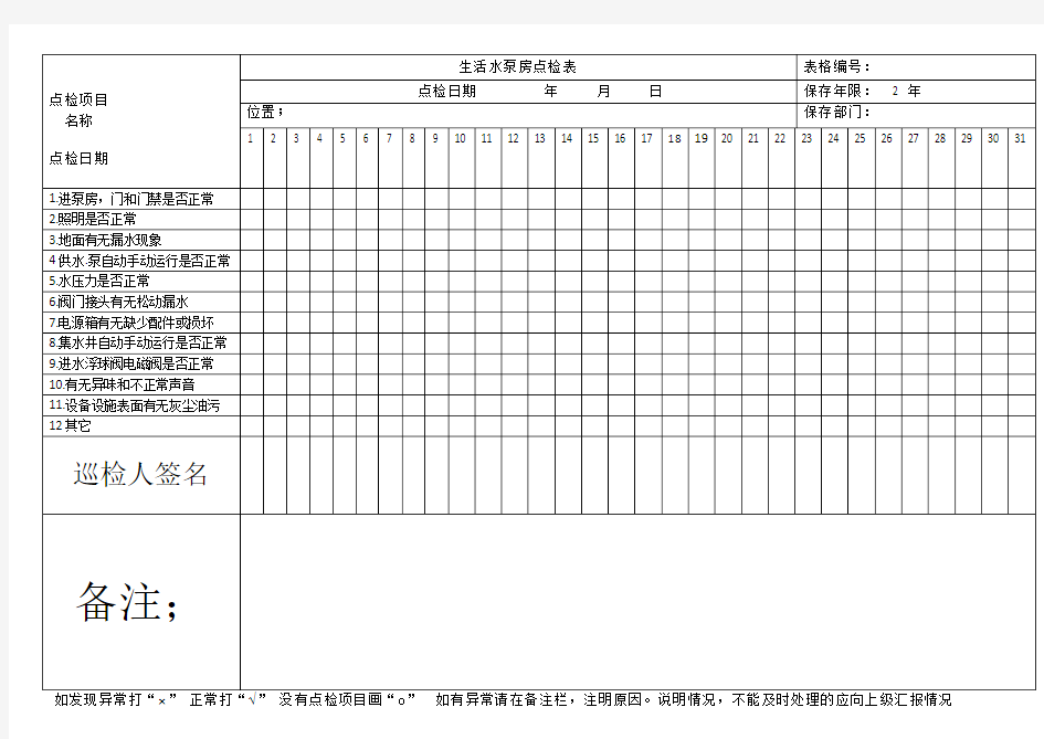 生活水泵房巡检表