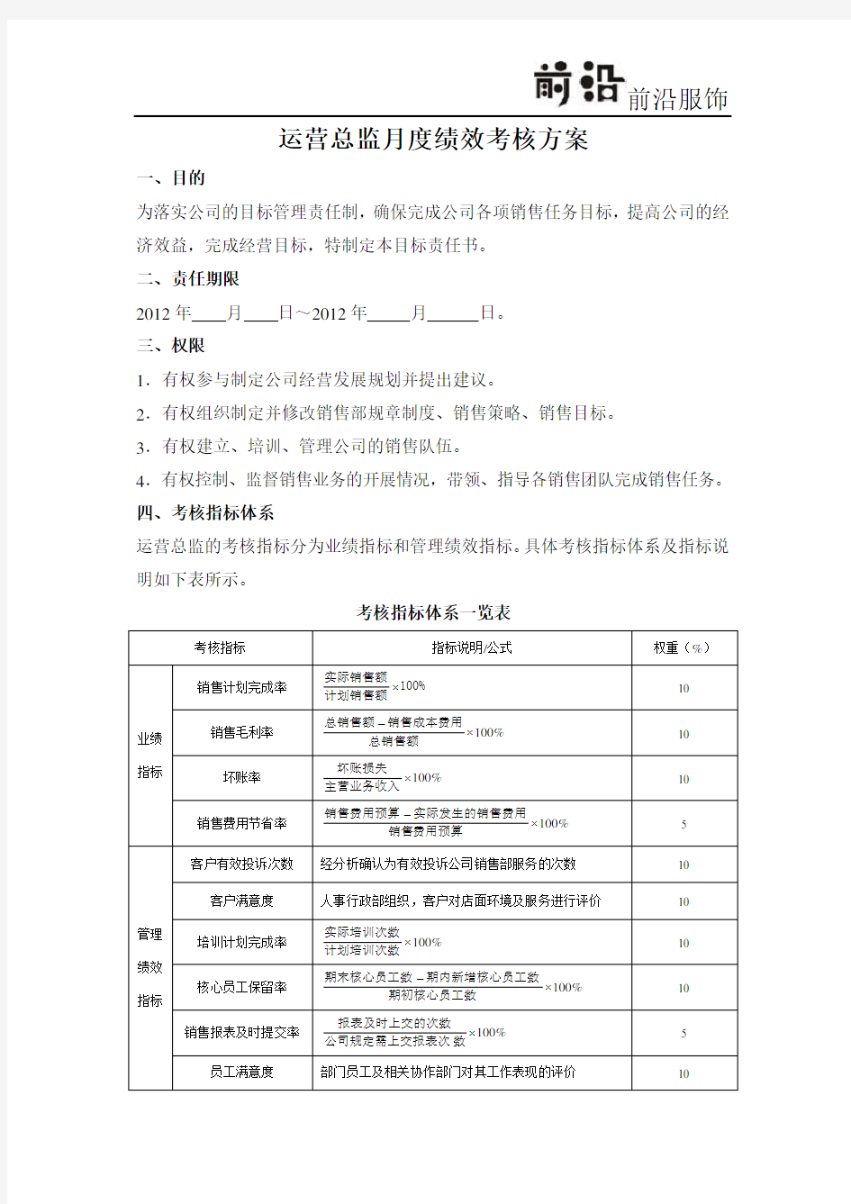 运营总监绩效考核方案