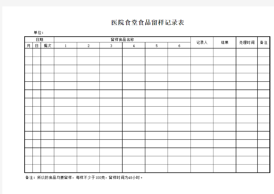 医院食堂食品留样记录表