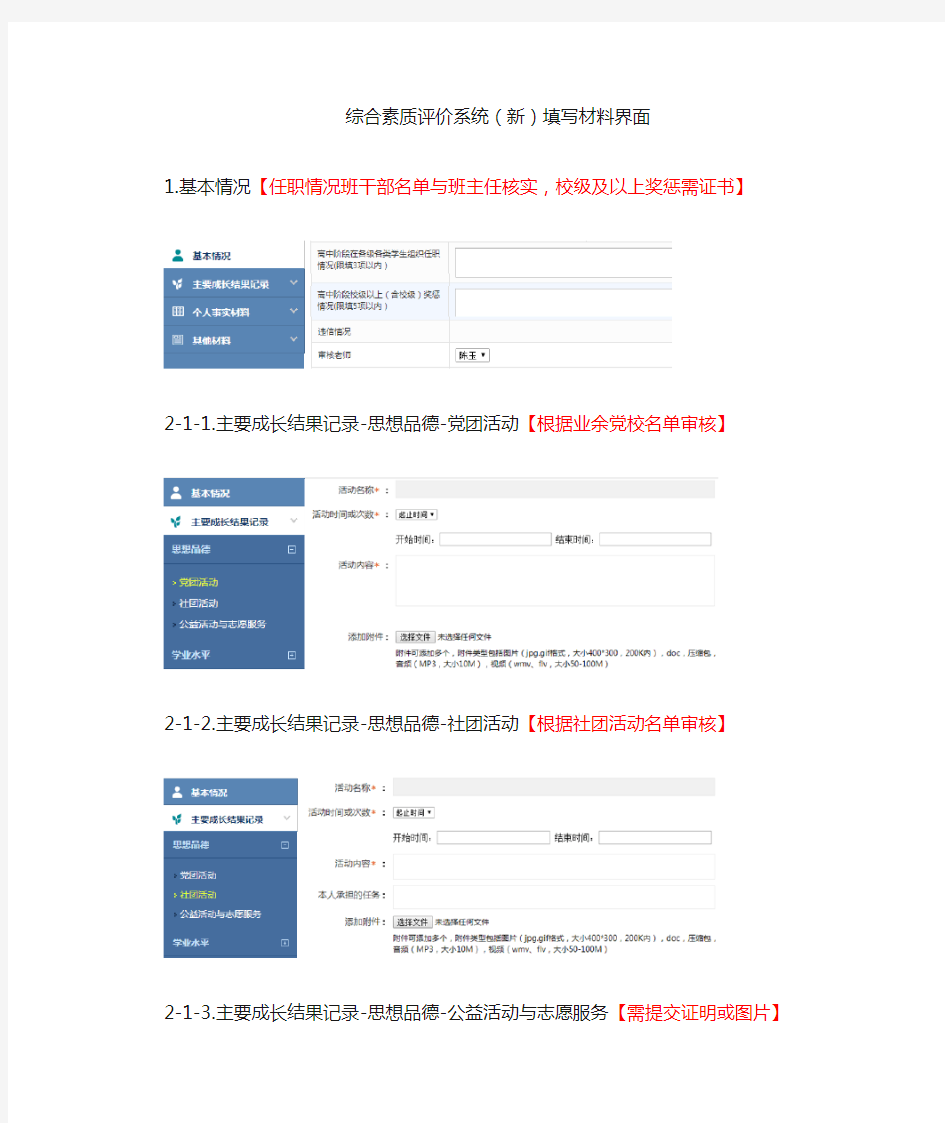 综合素质评价系统(新)填写材料界面