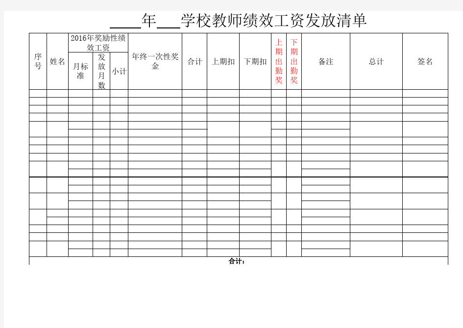 学校教师绩效工资发放表