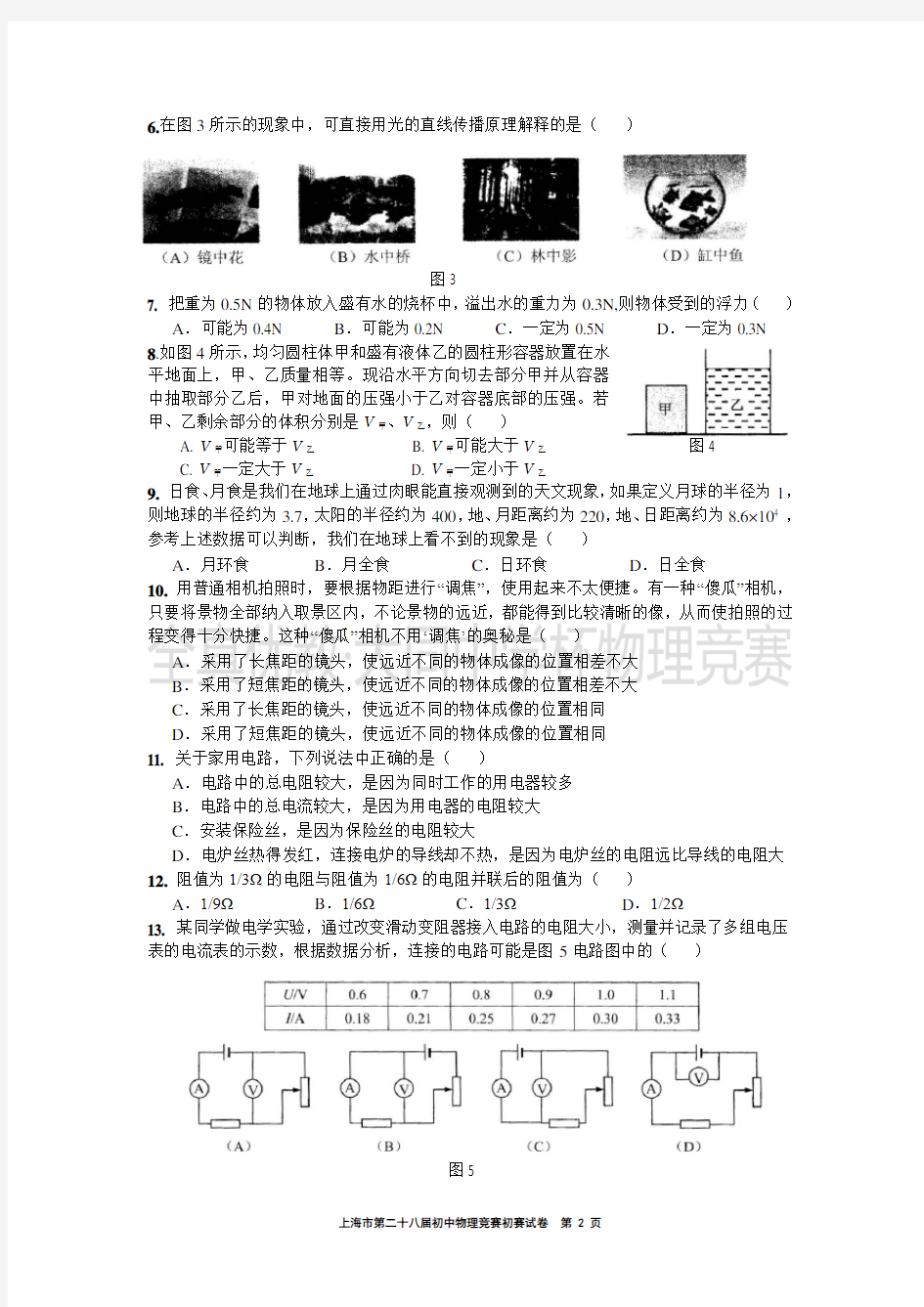 2014学年第28届上海大同杯物理竞赛初赛试卷(含答案)