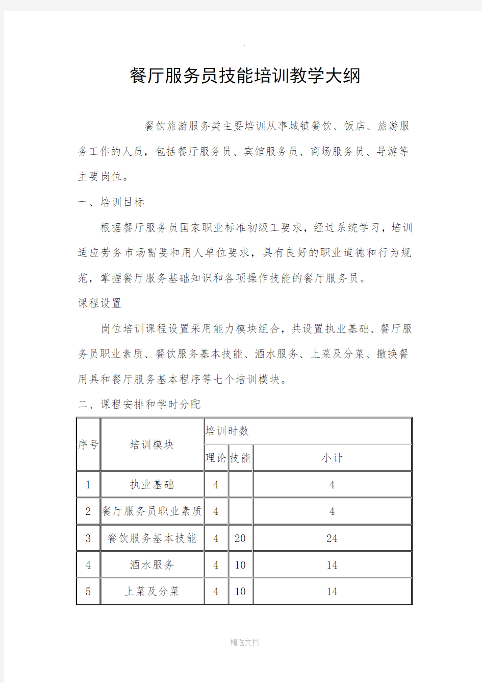 餐厅服务员技能培训教学大纲