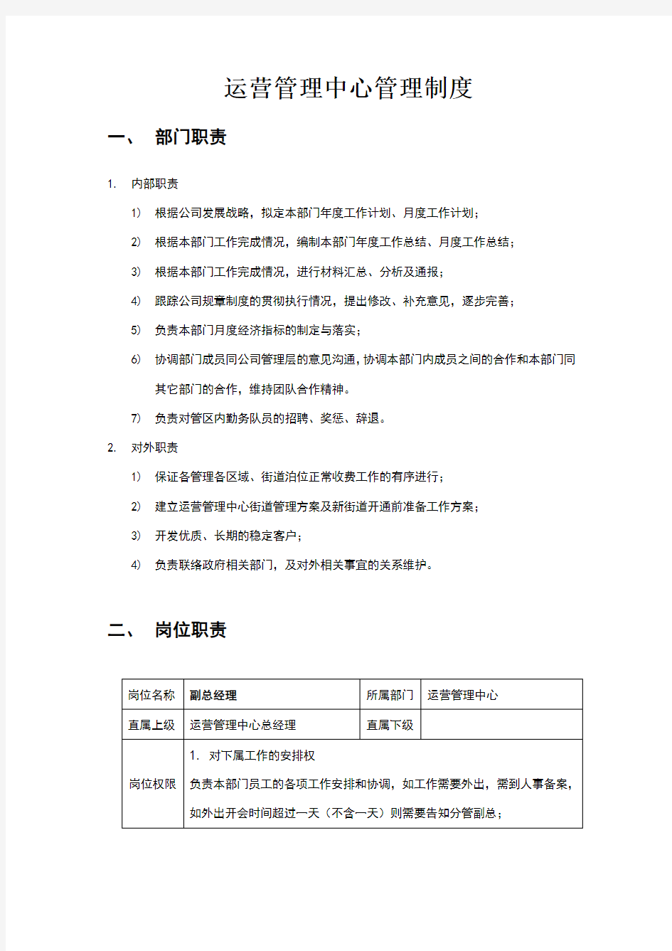 运管中心部门职责、岗位职责、绩效考核标准