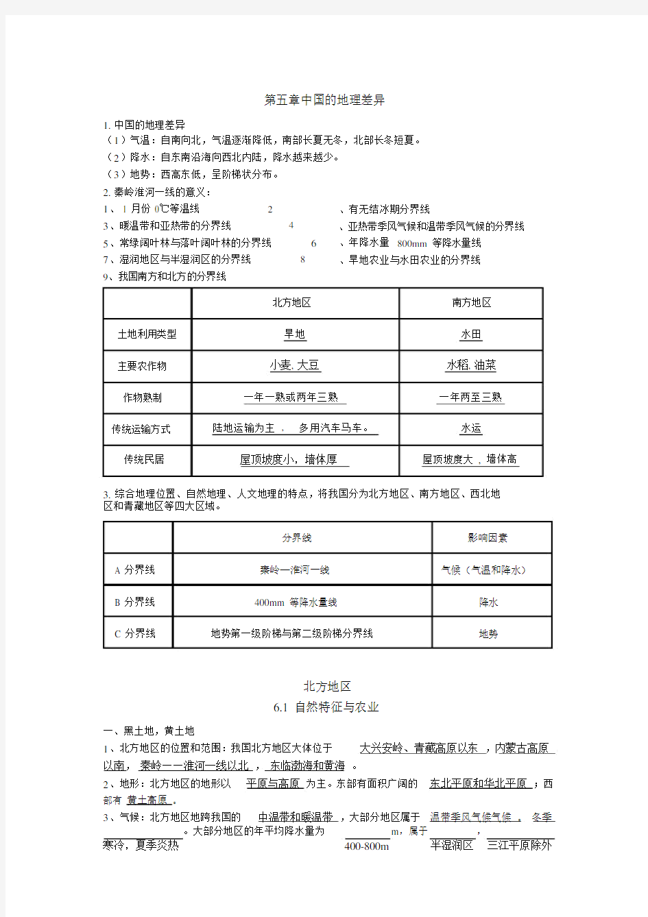 鲁教版七年级下地理知识点