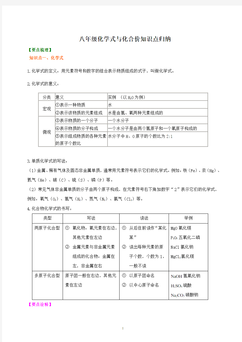 八年级化学式与化合价知识点归纳