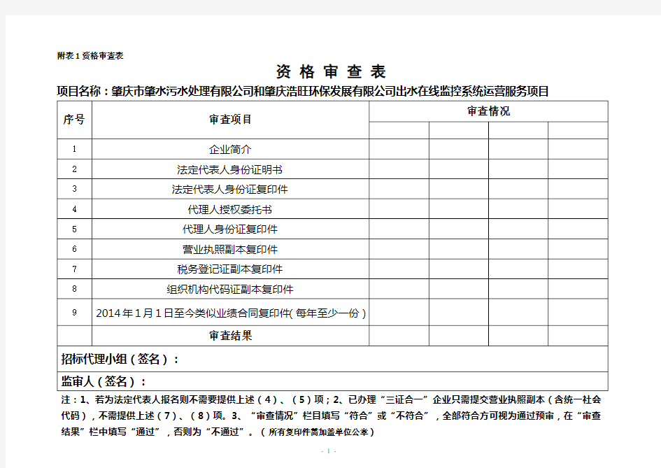 资格审查表范本