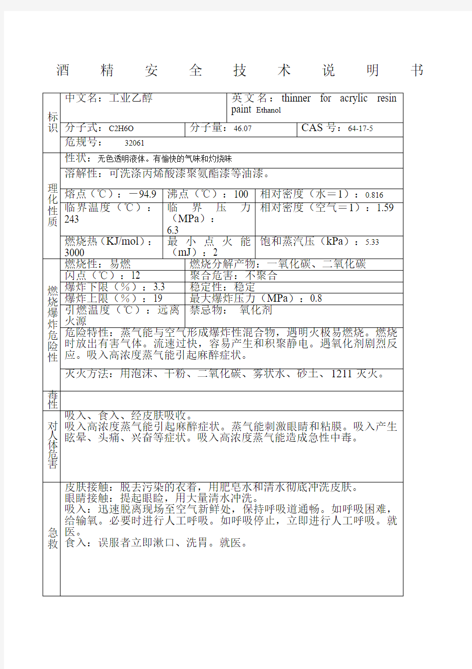 酒精安全技术说明书MSDS