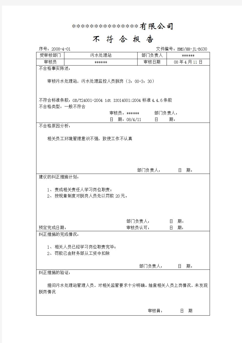 不符合项整改报告