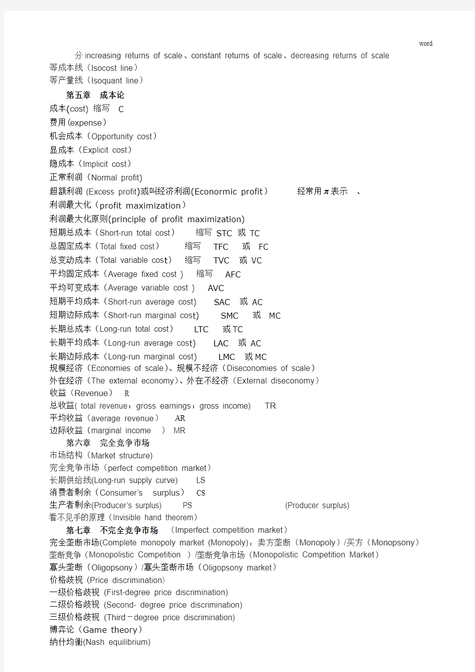 经济学中的英文词缩写