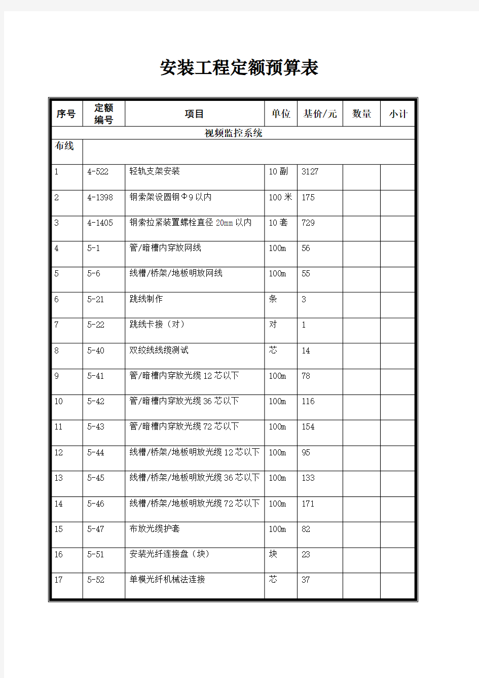 视频监控工程安装定额预算