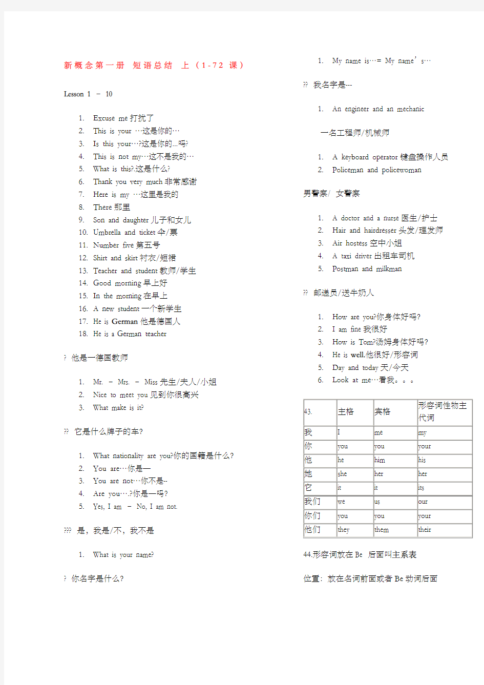 新概念第一册短语总结上