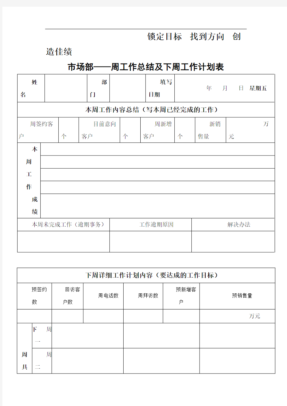 市场部——个人周工作总结及下周计划表