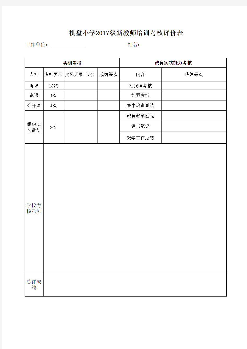 新教师培训考核表