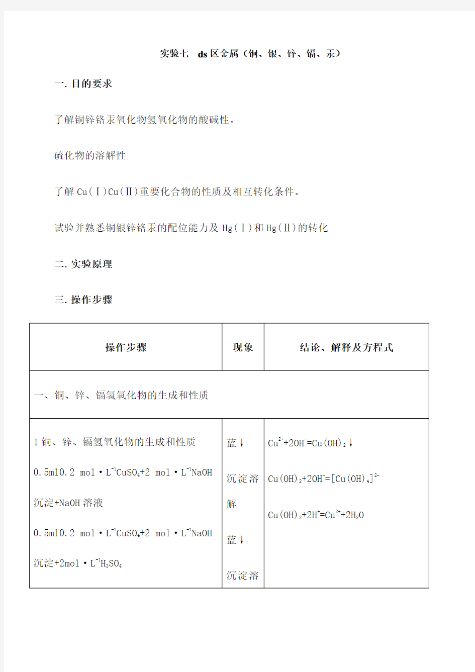 实验七ds区金属铜 银 锌 镉汞