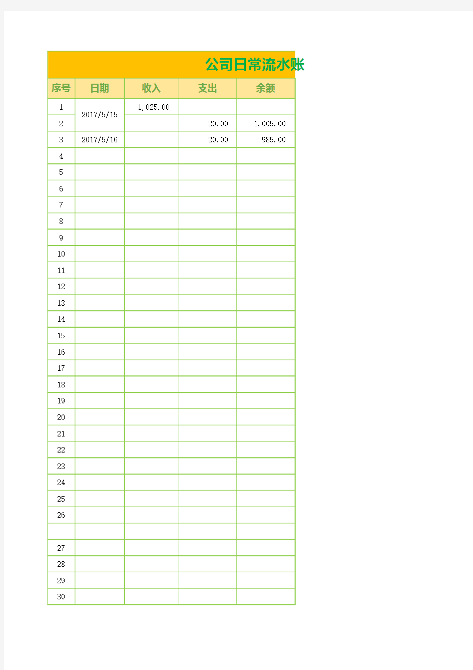 公司日常收支现金流水账