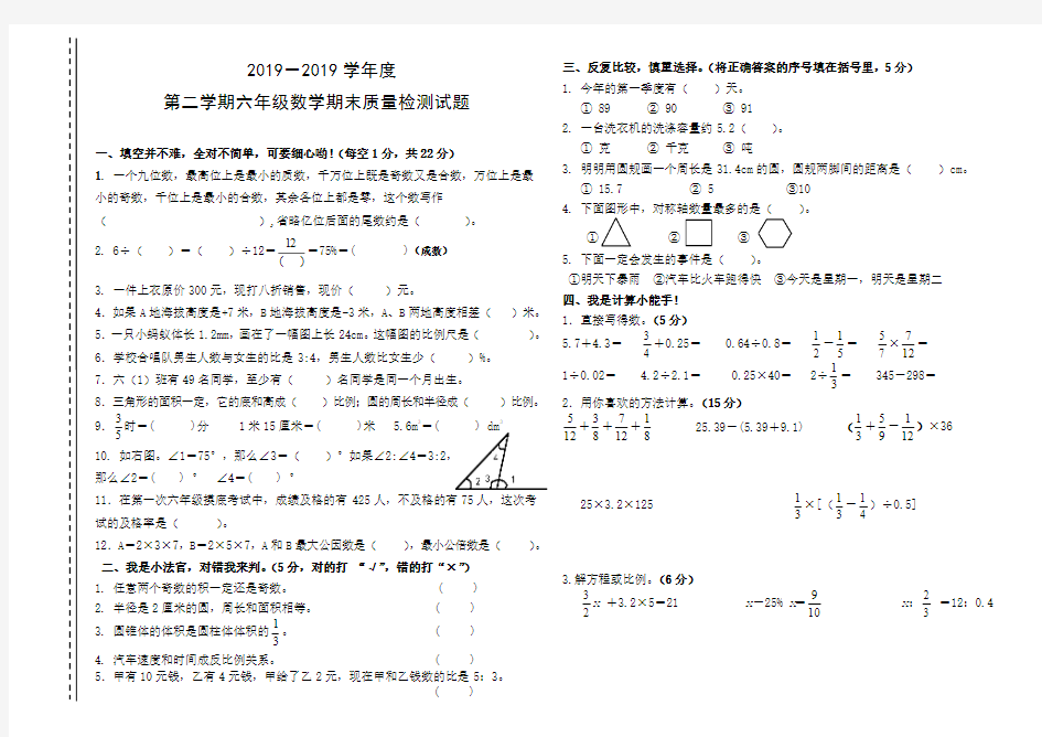 2018-2019年六年级数学下册期末试卷