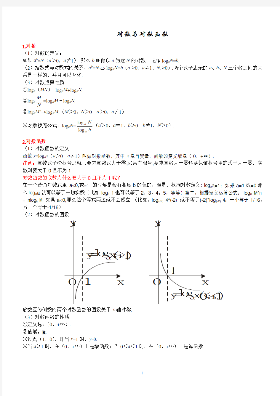 (完整版)高中数学对数与对数函数知识点及例题讲解