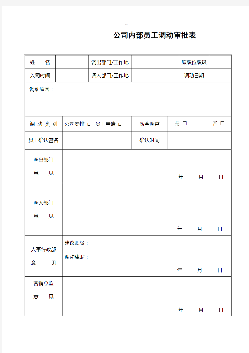 公司内部员工调动审批表