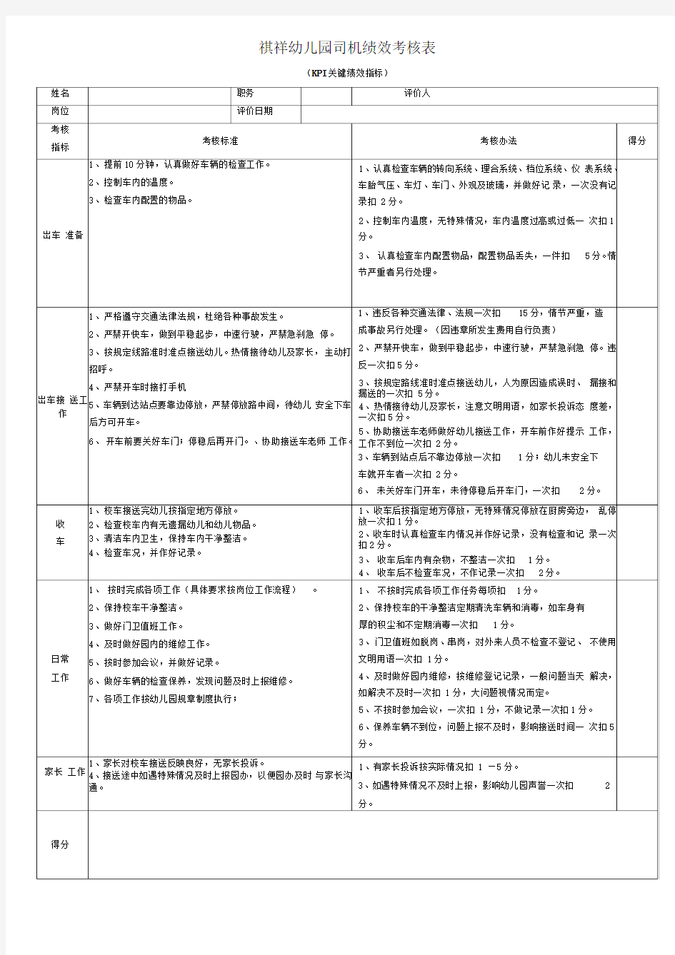 司机绩效考核表